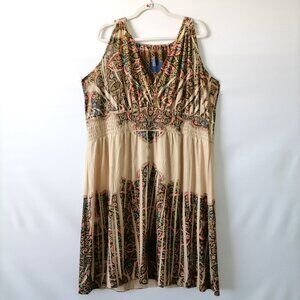 Fresh Of La Womens Beige Brown Sleeveless V Neck Smocked A Line Dress Size 2X